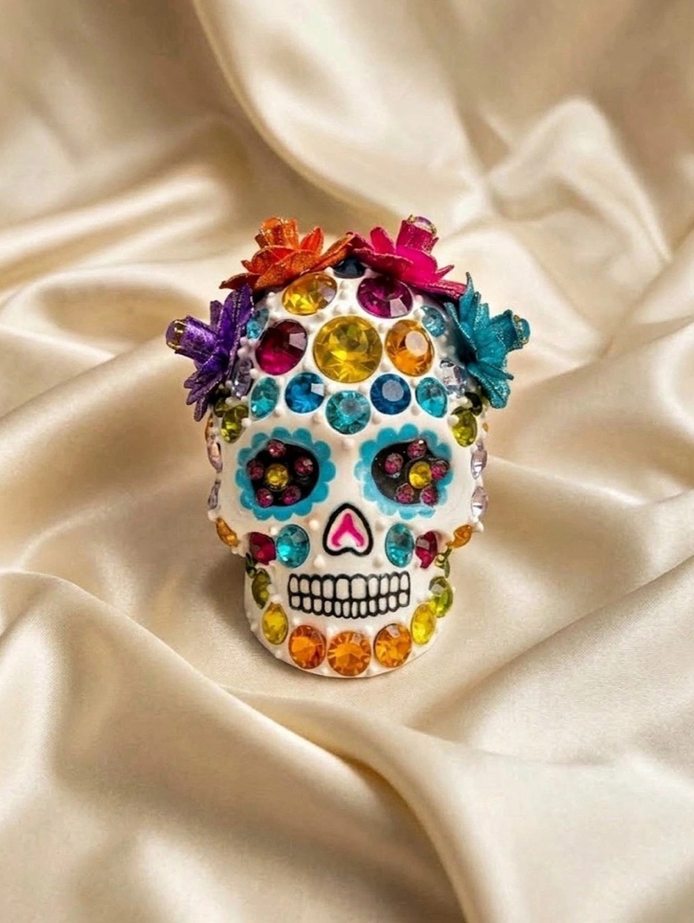 Vibrant Dia de los Muertos Sugar Skull Rhinestone Brooch Pin - Colorful Floral D
